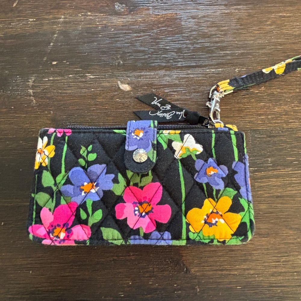 Vera Bradley Black Quilted Wristlet with Bright Floral Print